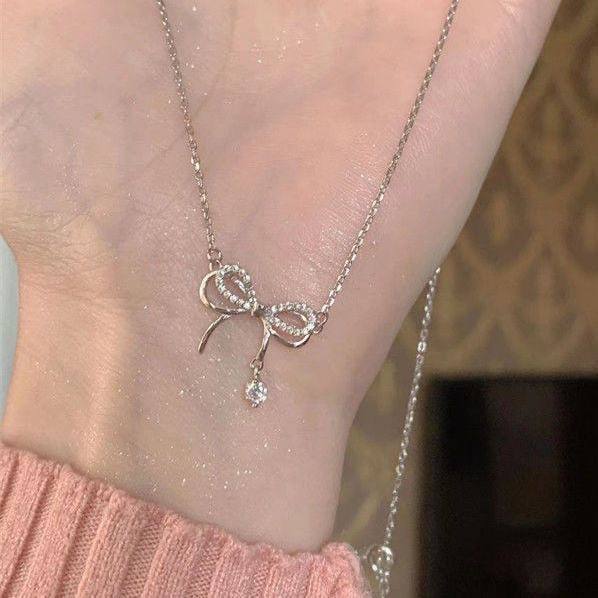1pcs 999 Sterling Silver Bowknot & CZ Drop Necklace, Elegant Trendy Style, Ideal For Birthday & Valentine's Gifts