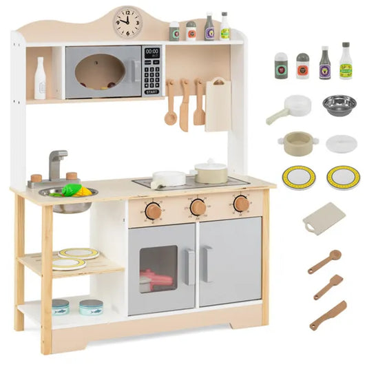 Gray Wooden Kids Play Kitchen With 13 Accessories, Pretend Cooking Set For Toddlers 3+