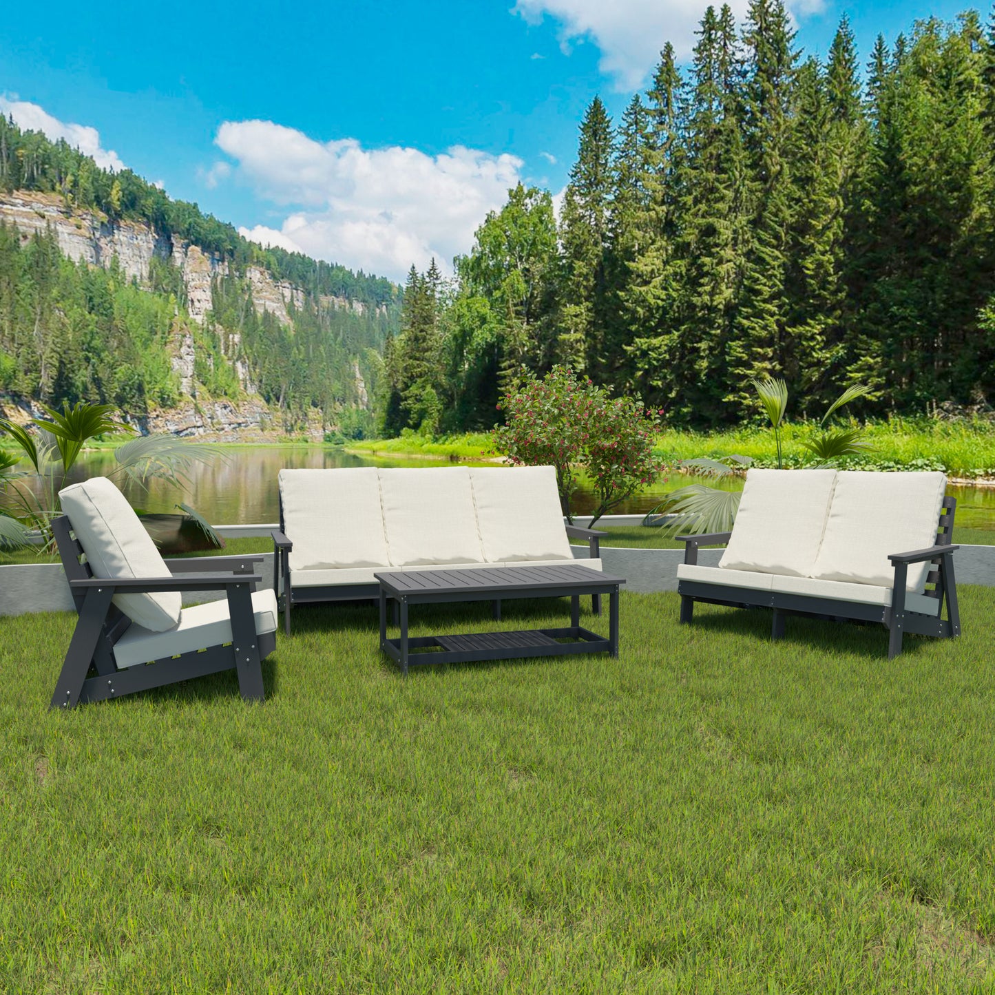 HIPS 3 Seater Sofa With Cushion,  Outdoor Garden Sofa, Sofa Set For Porch, Poolside, Terrace, And Yard Grey Beige