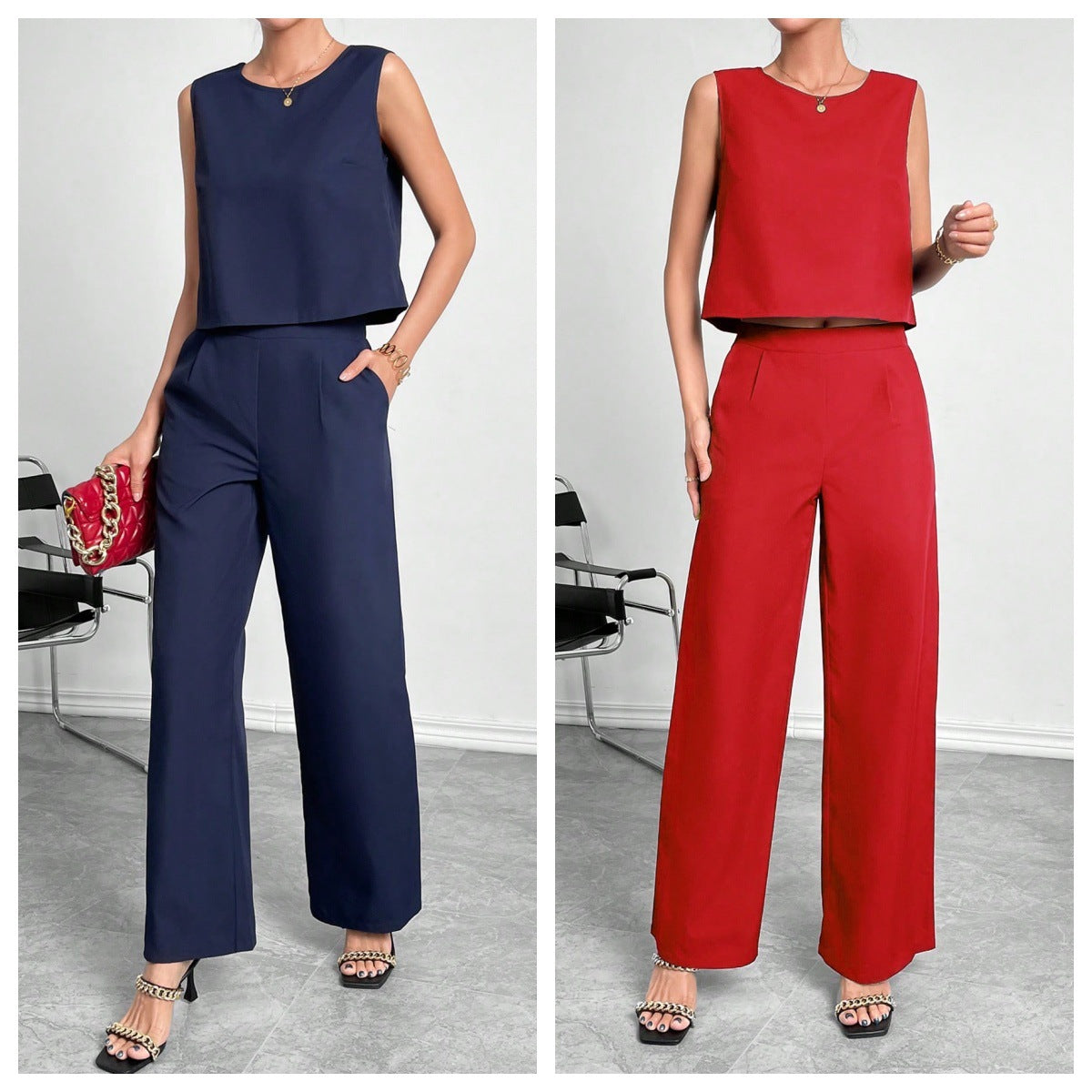 Women's Sleeveless Round Neck Crop Top & Wide Leg Pants Two Piece Set - Casual Solid Color Office Wear Outfit