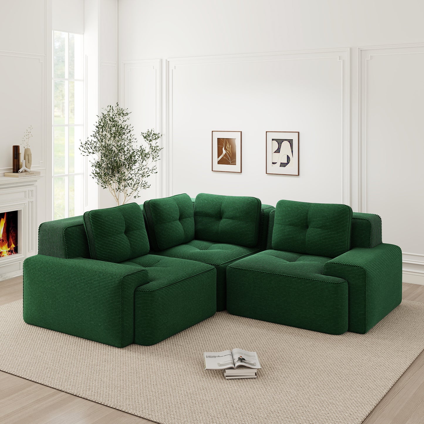 Frameless Sofa For Living Room, Office Sofa, Modular Combination Sofa, Comfortable Upholstered Corduroy Fabric Low-seat Sofa, No Assembly Required, Non-slip Design.Green