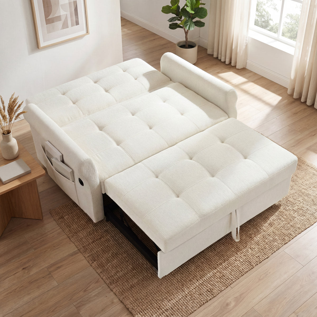 Convertible Pull Out Sofa Bed, 2 Seater Sleeper Loveseat With Side Storage Pocket, Multi-Functional Fold Out Guest Couch With Rolling Casters, Space Saving Sofa Sleeper For Small Apartment.