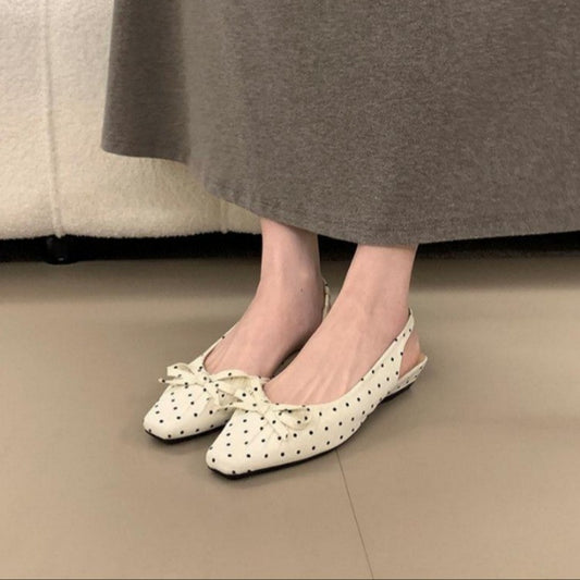 Women 2026 New French Polka Dot Square Toe Mid Heel Single Strap High Heels, Bow Thick Heel Pumps Closed Toe Sandals