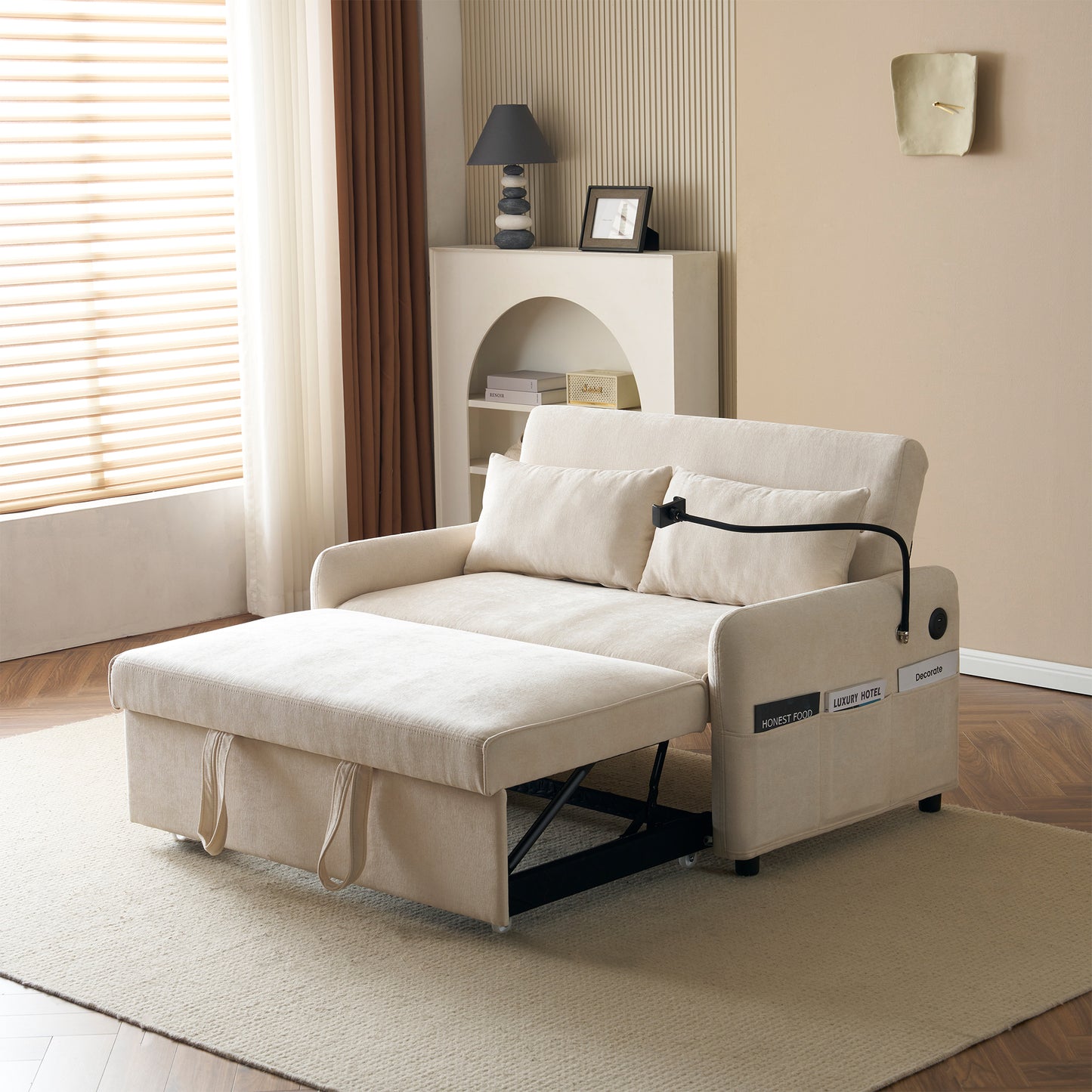 Modern 2 Seater Sofa Bed, 3 In 1 Convertible Design With Adjustable Backrest, Phone Holder, USB Ports And Side Pockets, Pull Out Chenille Sofa Bed For Living Room, Guest Room And Office,Beige