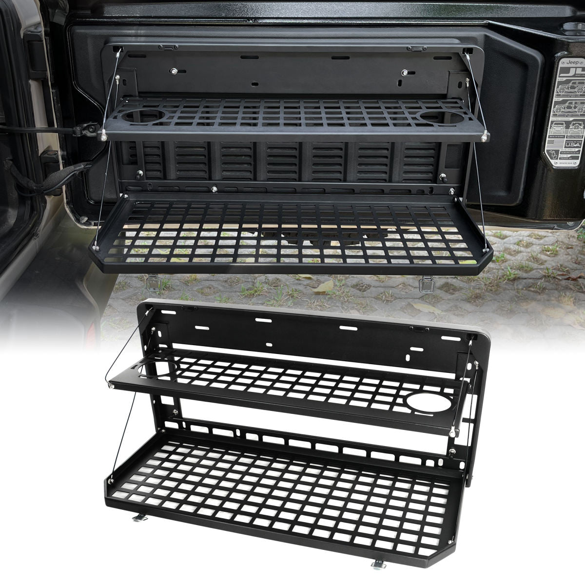 2-Tier Tailgate Table Rear Foldable Storage Cargo Rack Outdoor Camping Desk for 2007-2026 Jeep Wrangler JK&JL 4 Door (Not Fit JK Models with Stock Subwoofer)