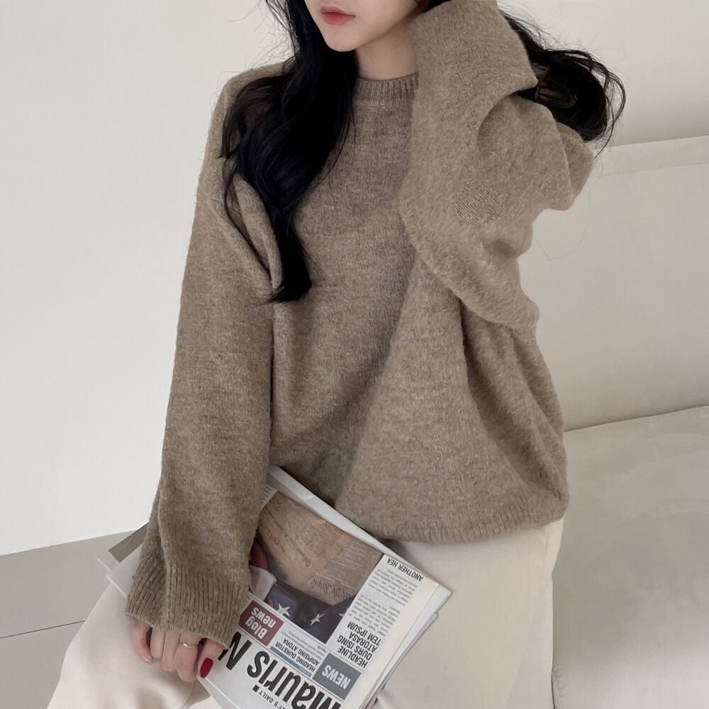 Korean Style Sweater Idle Style Casual Loose Solid Color Round Neck Sweater