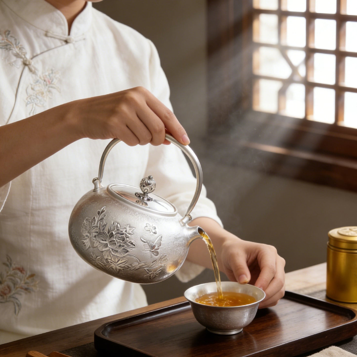 925 Sterling Silver Handcrafted Sterling Silver Tea Kettle Featuring Exquisite Peony and Butterfly Relief - Handicraft