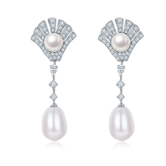 S925 Sterling Silver Pearl Dangle Earrings, Fan Pave, Teardrop Pearl, Platinum Plated, 4.5g, Gift Box