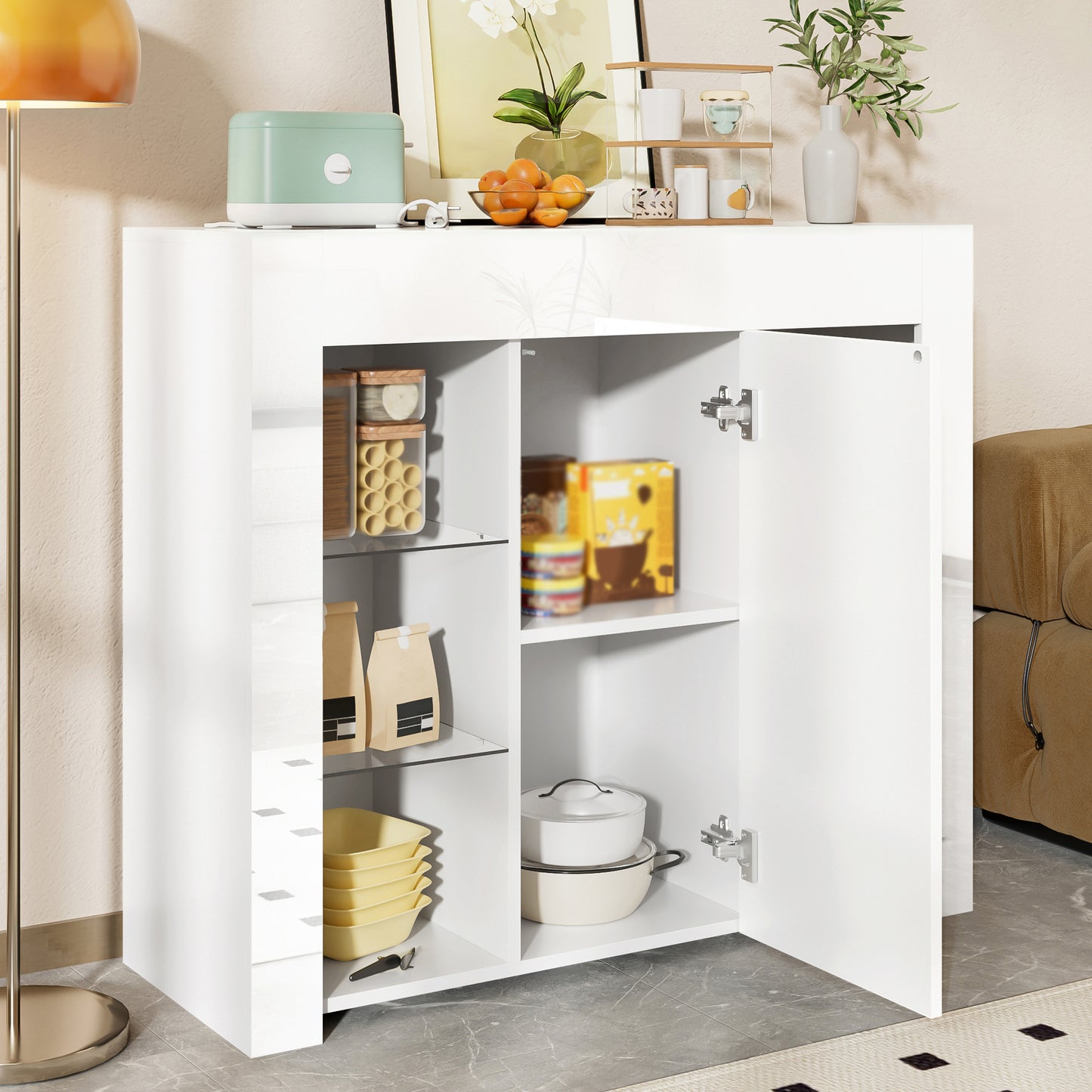 Modern White Buffet With High Gloss Front  Compact, Stylish Storage Solution With Glass Shelves And Cabinet Door For Living Room, Dining Room Or Kitchen  95x35x83 Cm