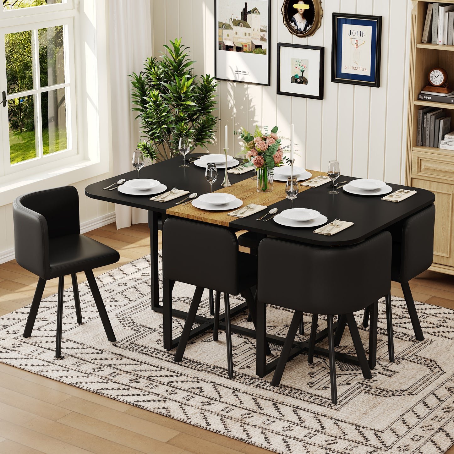 7 Piece Dining Table Set With 6 Black PU Chairs, Two-Tone Black & Wood Grain Rectangular Kitchen Table  Triamine Board , Modern Dining Room Furniture Set For Small Space, Apartment, Restaurant