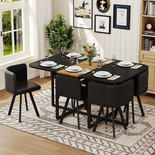 7 Piece Dining Table Set With 6 Black PU Chairs, Two-Tone Black & Wood Grain Rectangular Kitchen Table  Triamine Board , Modern Dining Room Furniture Set For Small Space, Apartment, Restaurant