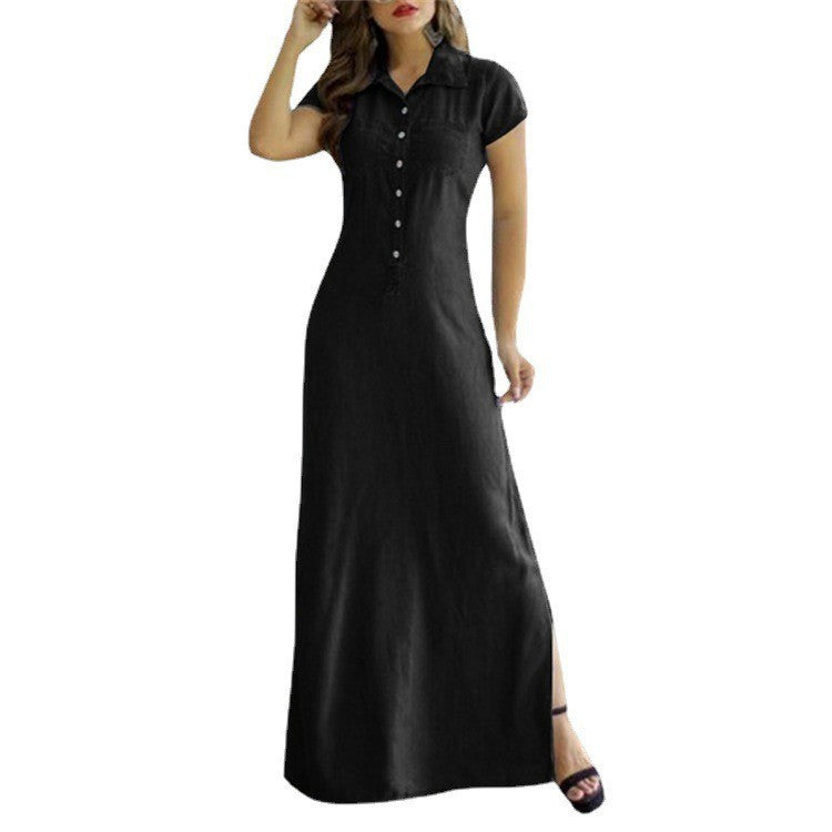 Women's Denim Look Turn Down Collar Short Sleeve Button Front Maxi Dress, Casual A-Line Long Dress For Daily & Office