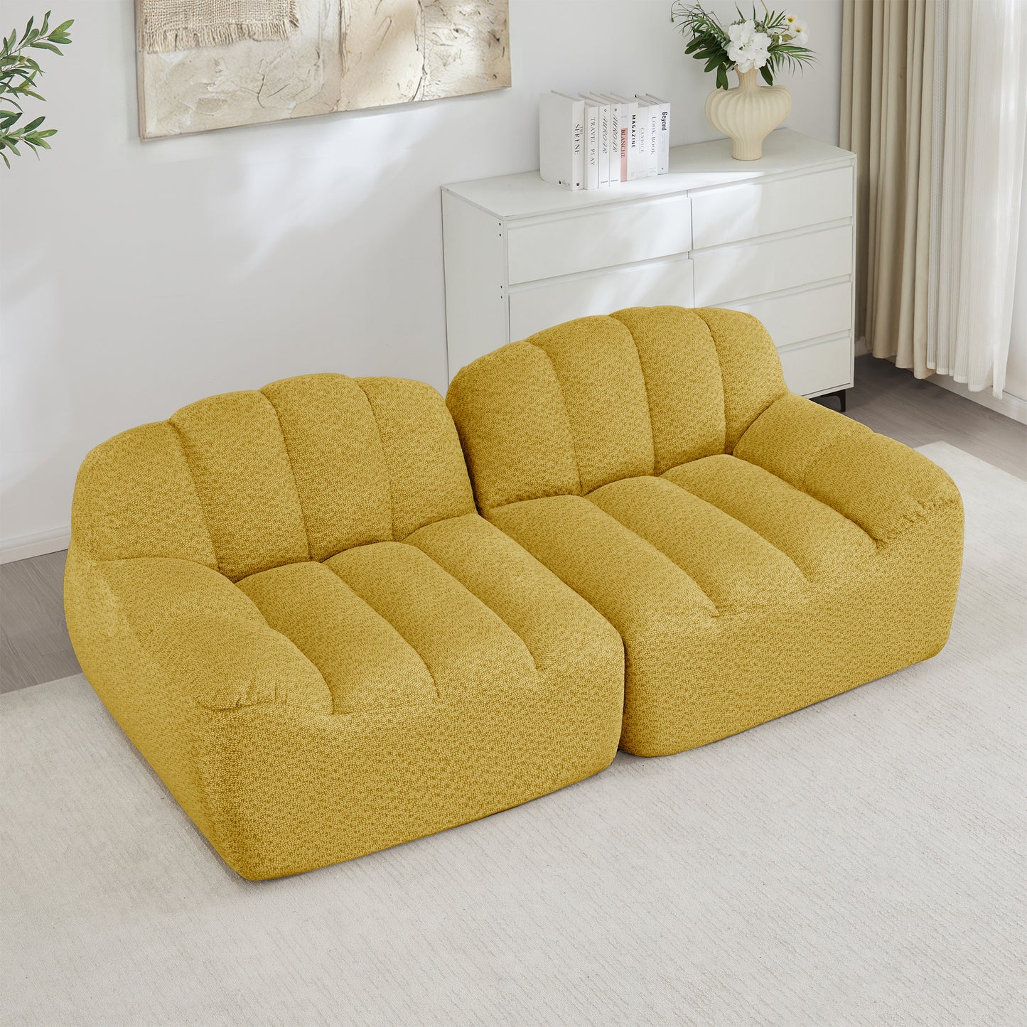 2 Seater Modular Boneless Sofa, Shell Shape, Deep Seat Cushions, Sofa For Living Room & Apartment, No Setup Required, Yellow
