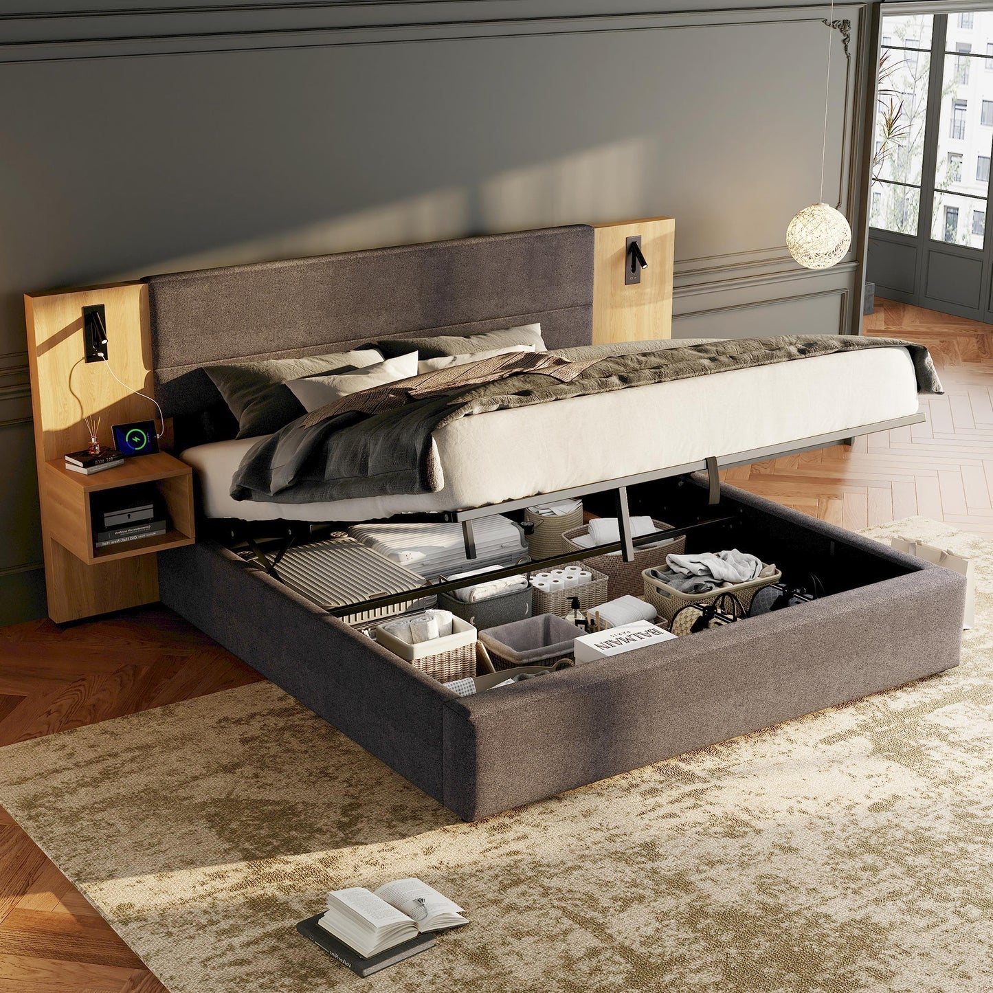 Upholstered Bed 160 X 200 Cm, Hydraulic Wide-eared Bed With USB Connection, With Lighting, Including Two Bedside Tables With Storage Space, Wooden Slatted Frame, Easy Construction, Velvet, Grey  Natu