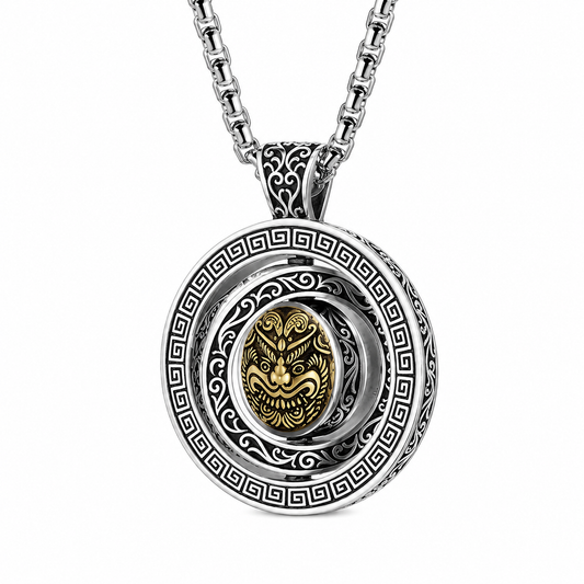 Vintage Rotatable Lion Spinner Necklace, Copper Silver Plated Traditional Oriental Amulet Pendant Gift For Men