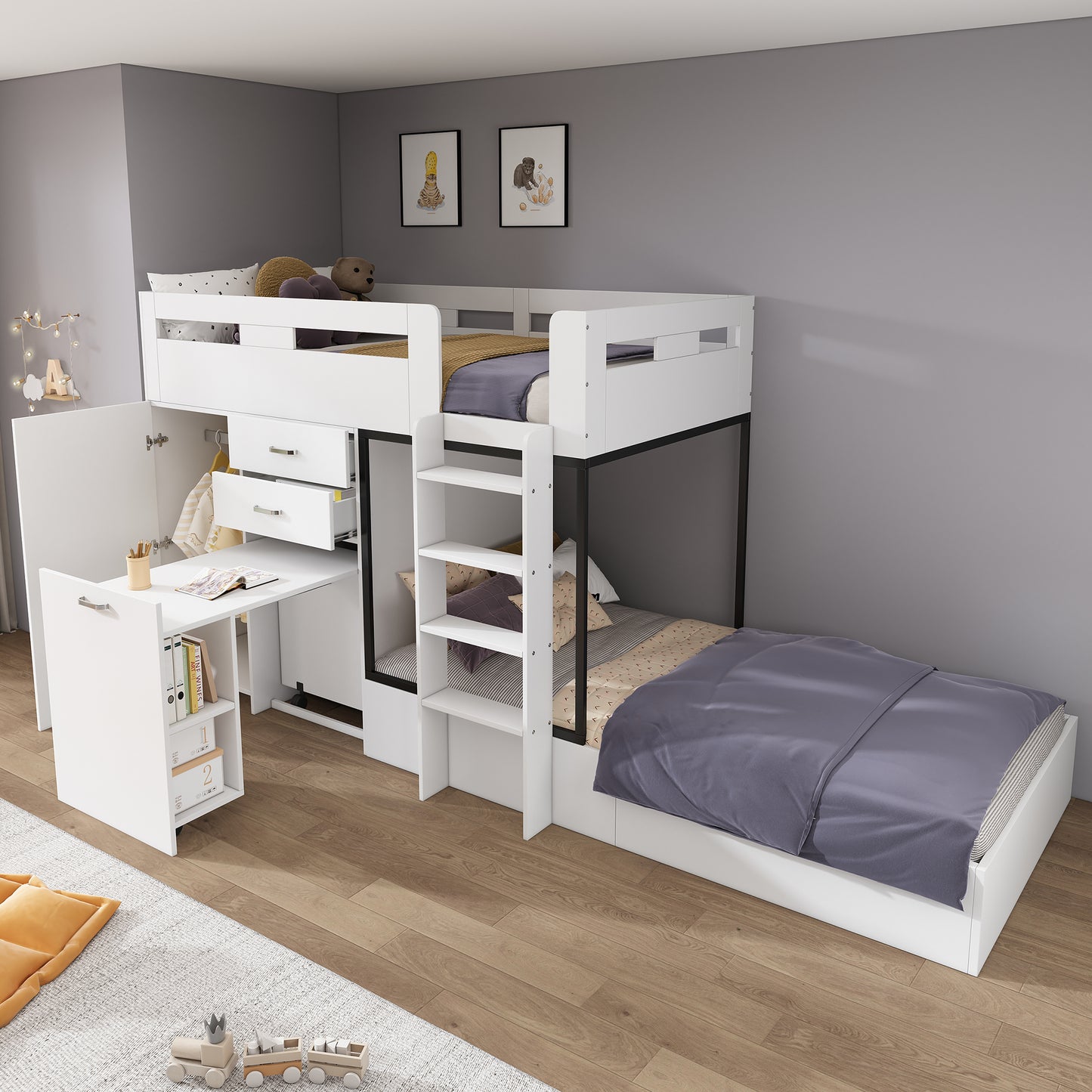 Bunk Bed With Pull-out Desk And Coat Rack, Multifunctional Children's Bed, Children's Bunk Bed, With Drawer & Shelves & Ladders, Without Mattress, 90x200 Cm, White OLD SKU 3233289012AAW-1