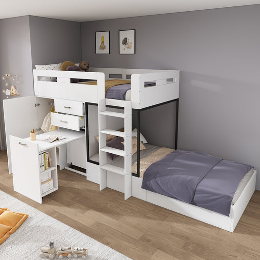 Bunk Bed With Pull-out Desk And Coat Rack, Multifunctional Children's Bed, Children's Bunk Bed, With Drawer & Shelves & Ladders, Without Mattress, 90x200 Cm, White OLD SKU 3233289012AAW-1