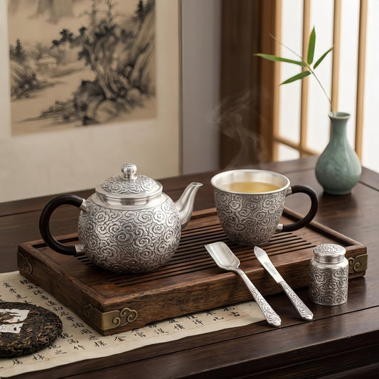 925 Sterling Silver Handcrafted Silver Tea Cup Featuring Intricate Cloud Motifs and Elegant Wooden Handle - Handicraft