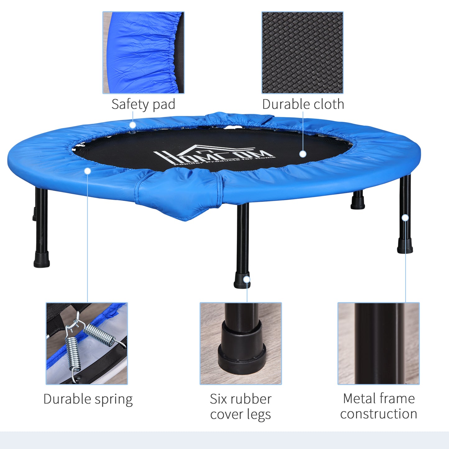 40" Mini Fitness Trampoline Home Gym Yoga Exercise Rebounder Indoor Outdoor Jumper With Safety Pad, Support Up To 150 KG, Blue And Black