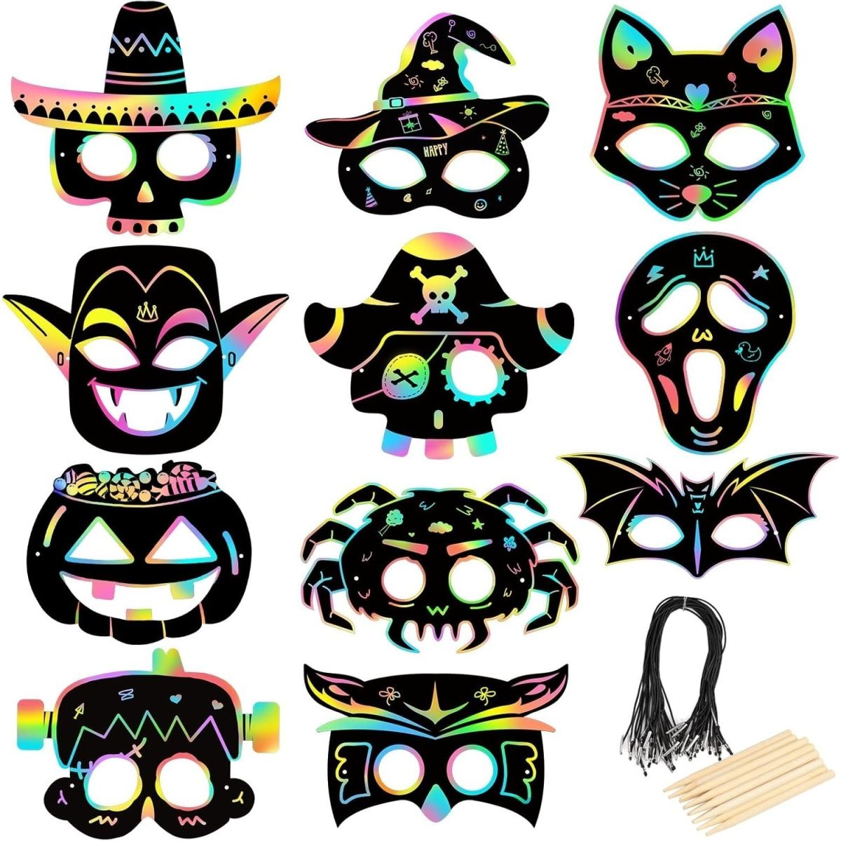 22 Halloween Scratch Masks - Rainbow Scratch Art Halloween Scratch Pictures - Crafts For Gifts, DIY, Party Supplies, Cosplay Props