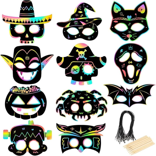 22 Halloween Scratch Masks - Rainbow Scratch Art Halloween Scratch Pictures - Crafts For Gifts, DIY, Party Supplies, Cosplay Props