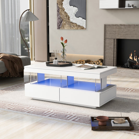White High Gloss LED Coffee Table, Tea Table With 16 Colors LED Lights, Coffee Table With 2 Drawers And Open Storage Space, Rectangular Table For Office,Store And Living Room 100x60x49.5cm