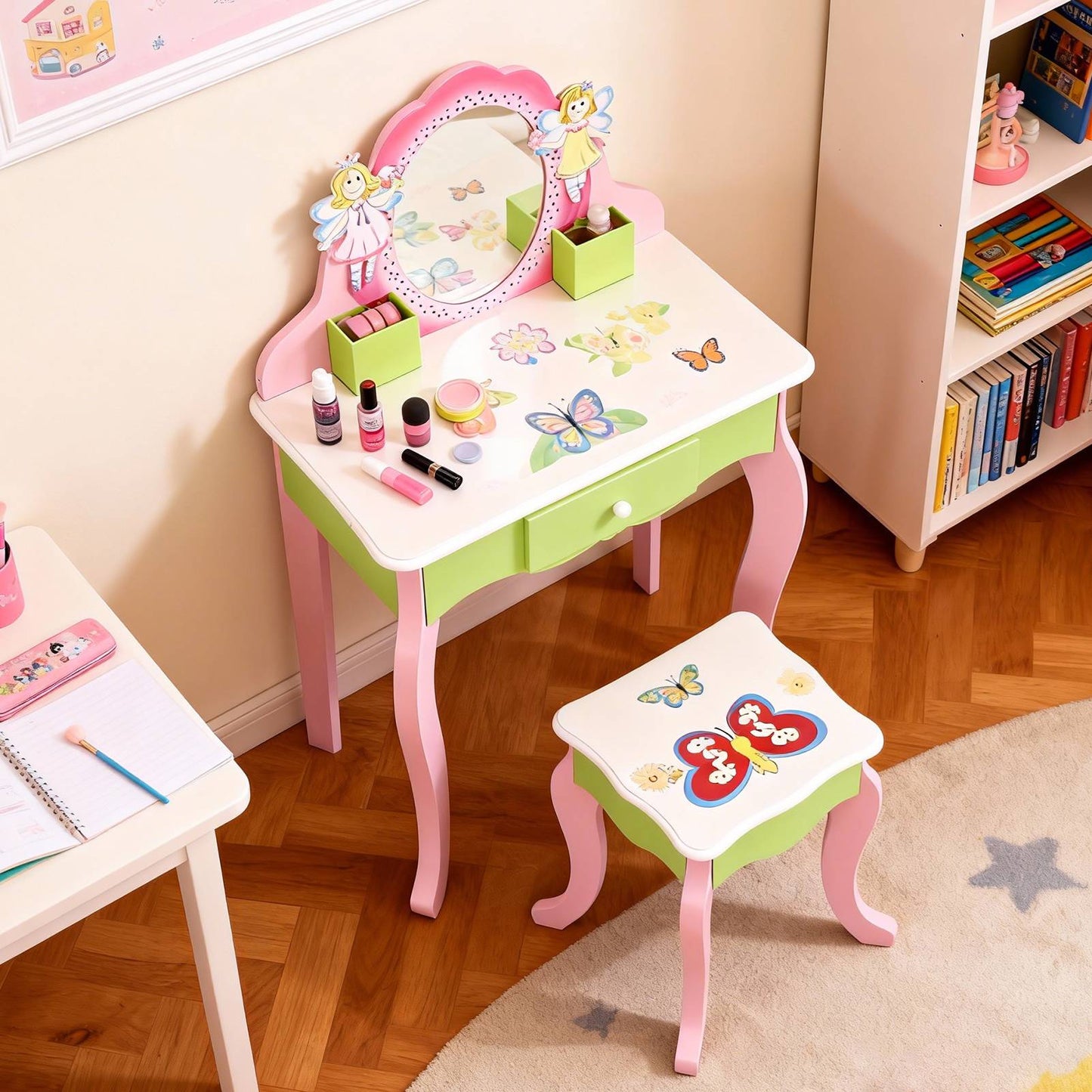 Kids Vanity Set With Mirror Drawer Flower Fairy Design Wooden Toddler Girls Makeup Dressing Table Chair Set For Over 3 Years Kids