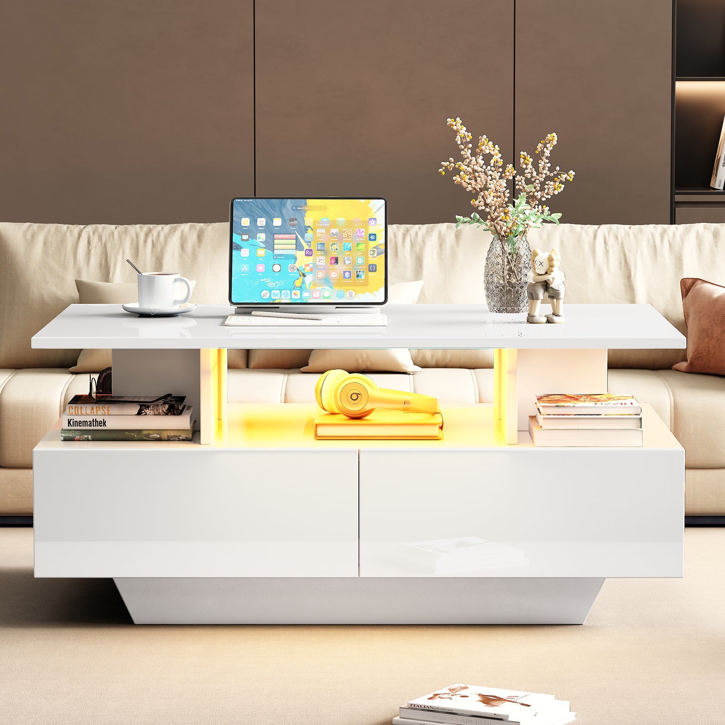 Modern High-gloss Coffee Table With LED Lighting And 2 Drawers  Stylish 90x55x41 Cm Side Table With Storage Space, Load Capacity Up To 30 Kg