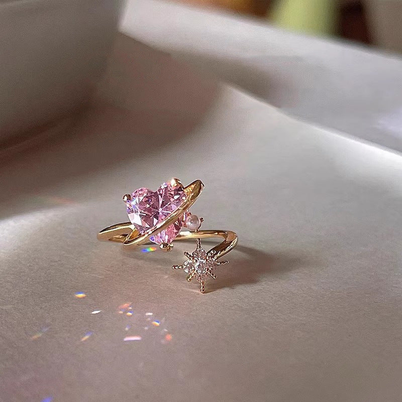 Sweet Heart Pearl Ring For Women, Ins Stylish Luxury Ring, Sparkling Elegant Gentle Fashion Band