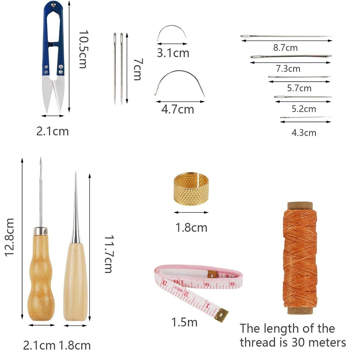 22-Piece Leather Sewing Kit For Leather Crafts; Includes A Leather Awl, Hand Leather Needles, 8 Rolls Of Leather Waxed Thread, And 9 Leather Needles—leather Crafts, DIY Sewing, And Hand Sewing