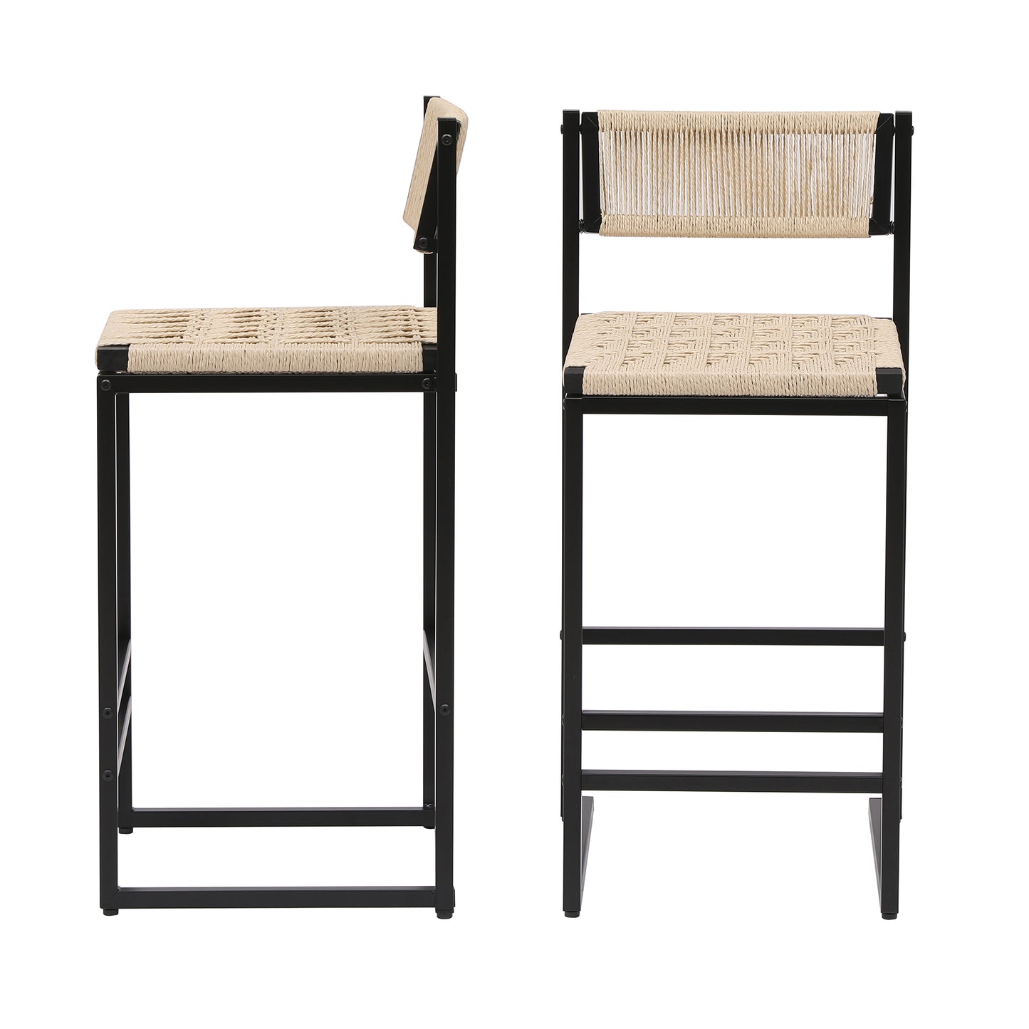 Set Of 2 Woven Bar Stools With Backrest Paper Rope Weave Dining Chairs For Kitchen Island  Style B Black & Creamy White