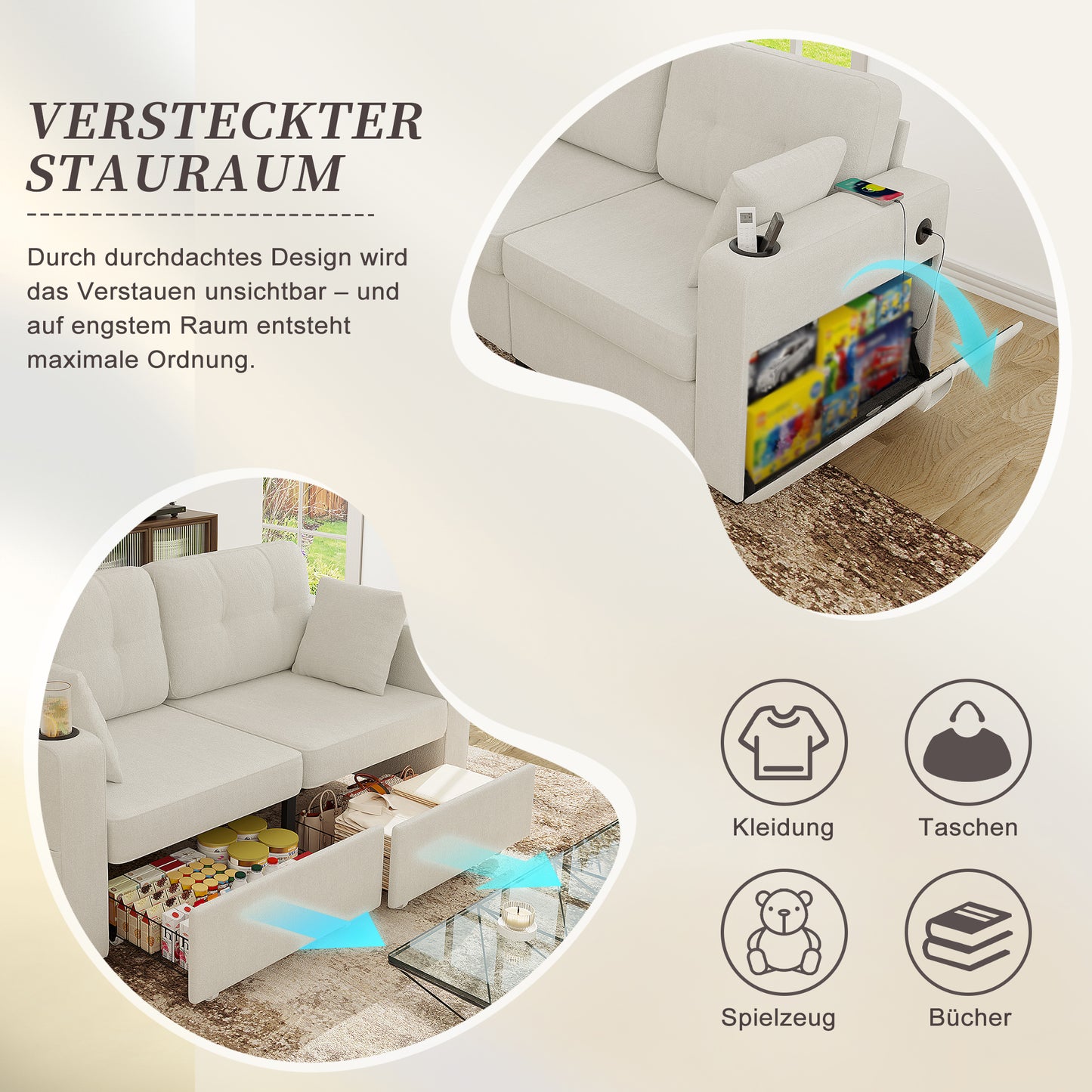 Two-seater Sofa With Two Storage Drawers And USB Charging Ports, With Cup Holders And Side Pockets, Equipped With Hidden Storage Compartments. Suitable For Living Rooms, Apartments And Reading Corners