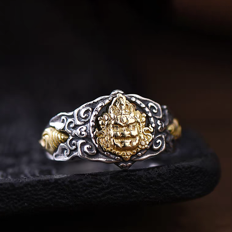 1pc 999 Sterling Silver Two-tone Wealth God Open Ring, Retro Ethnic Style, Perfect For Daily Wear & Valentine's Day Gift