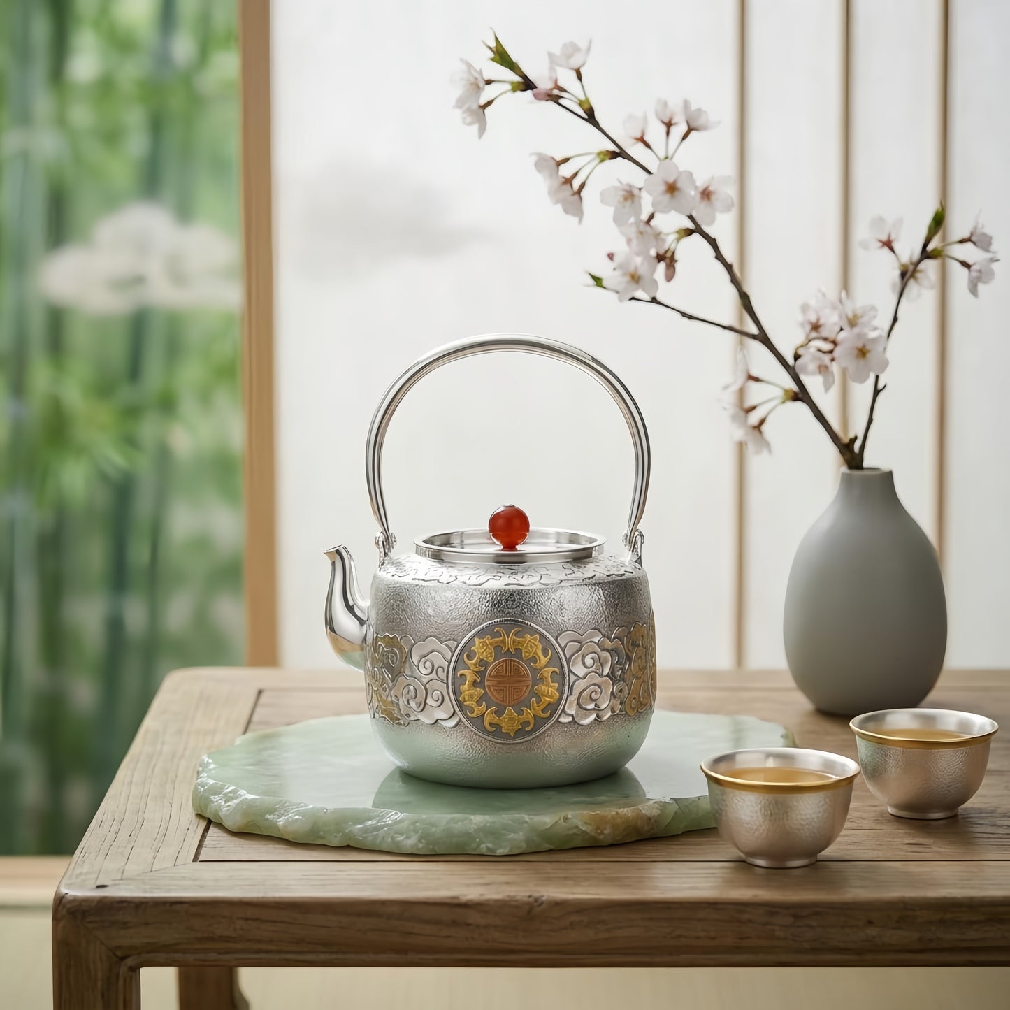 Pure 999 Fine Silver Traditional Handcrafted Silver Tea Kettle with Auspicious Bat and Cloud Motifs - Handicraft