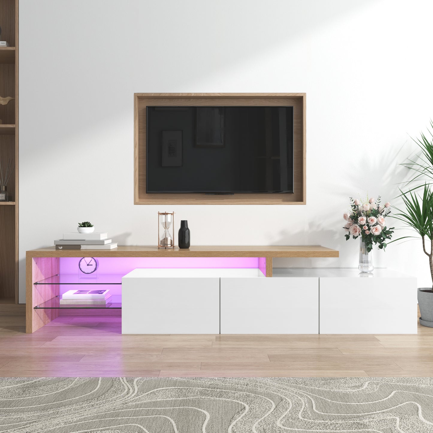 Modern TV Cabinet Design Stylish Elegance, Practical Storage Space, High-gloss White, Wood Look, Glass Shelves, LED Lighting
