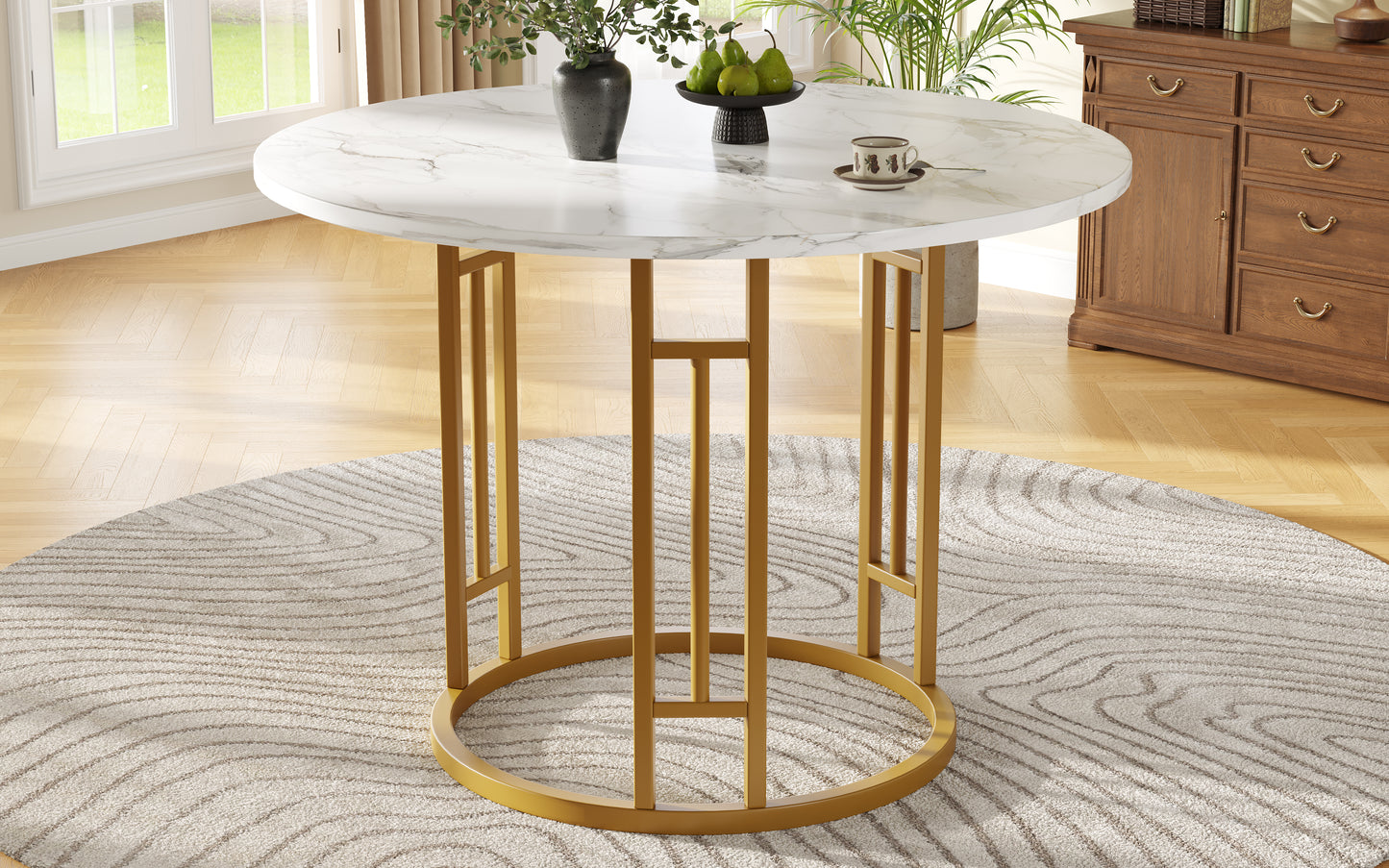 Round Dining Table 80x80x76cm, Kitchen Dining Table, Round Coffee Table For 4 People, Suitable For Dining Room, Living Room, Stylish Metal Table Legs, MDF Marble Table Top, Gold
