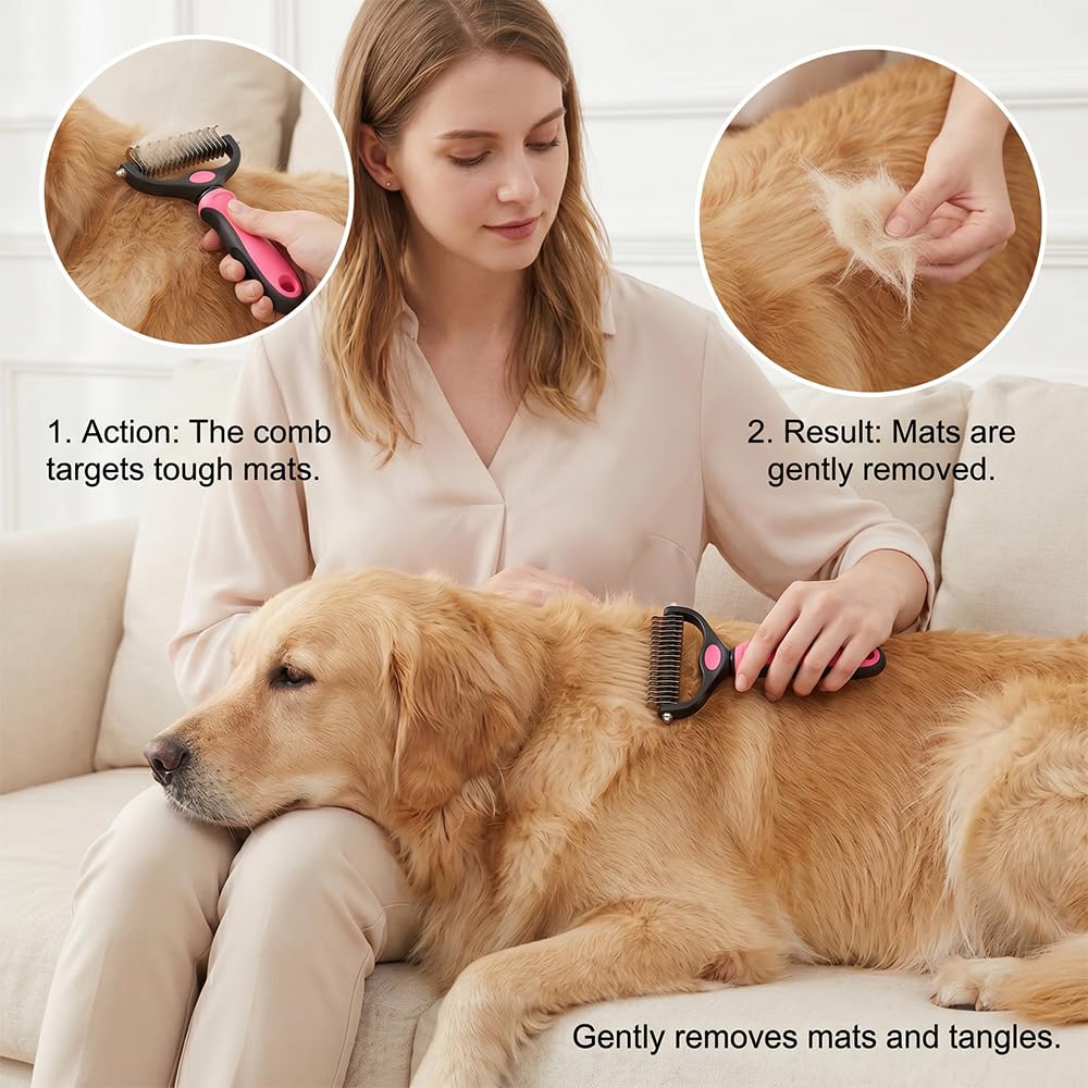Dematting Comb For Dogs And Cats, Undercoat Rake Pet Brush For Long Hair, Deshedding Dog Brush Removes Tangles Knots And Loose Fur, Grooming Tool For Thick Coats