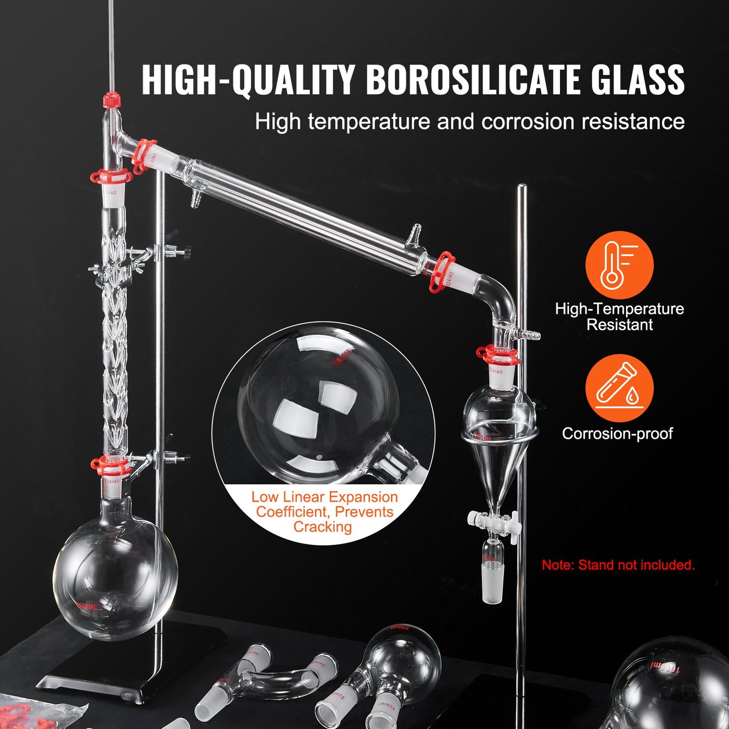 Lab Distillation Kit, 3.3 Boro Lab Glassware Distillation Kit With 24, 40 Joint, 1000ml Essential Oil Distillation Apparatus Kit, 29 Pcs Set Of Glassware Equipment