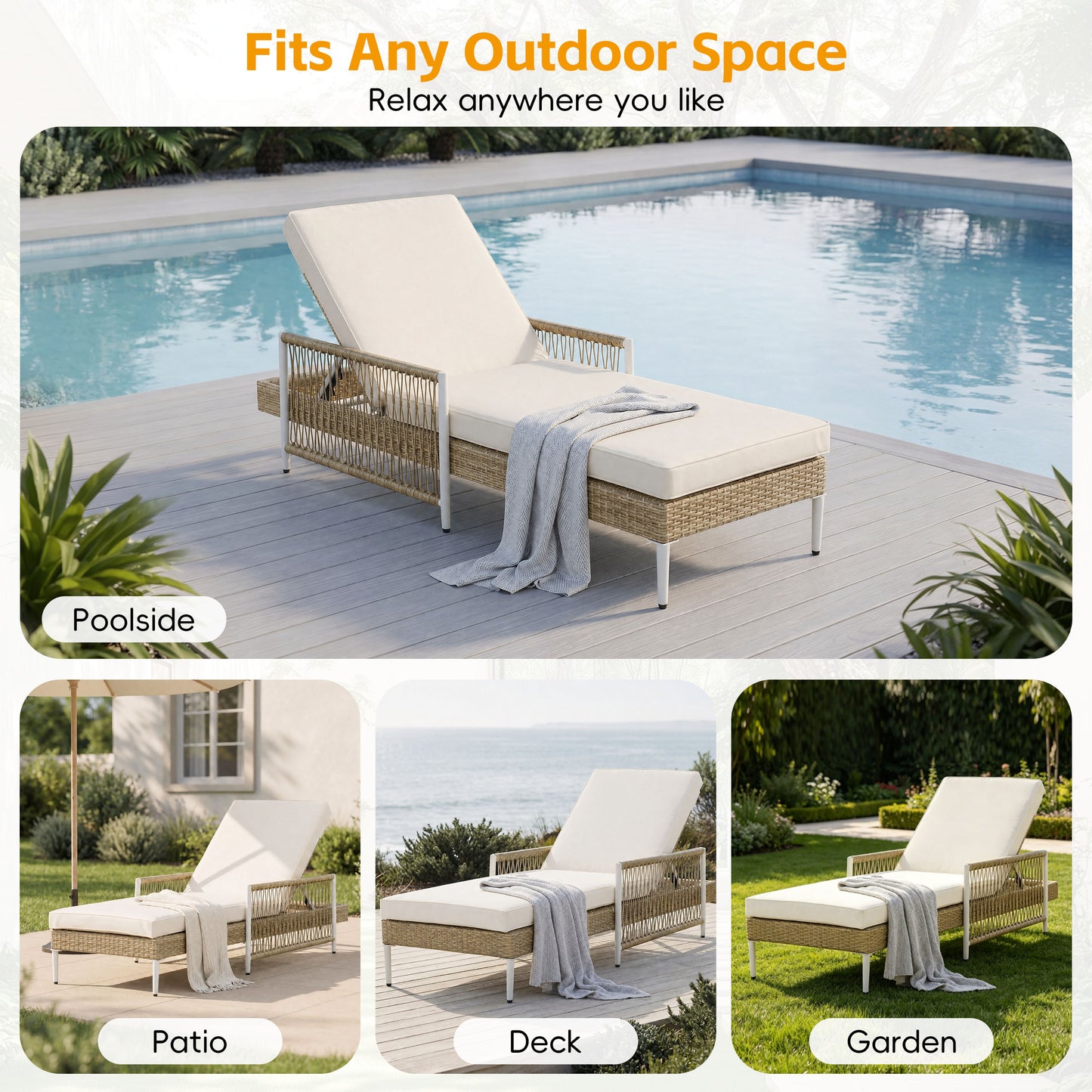 TOPMAX Outdoor All-Weather PE Rattan Chaise Lounge, Minimalist Patio Wicker Lounge Chair With 6 Gear Adjustable Recliner, Arms And Cushion For Poolside, Deck, Beige