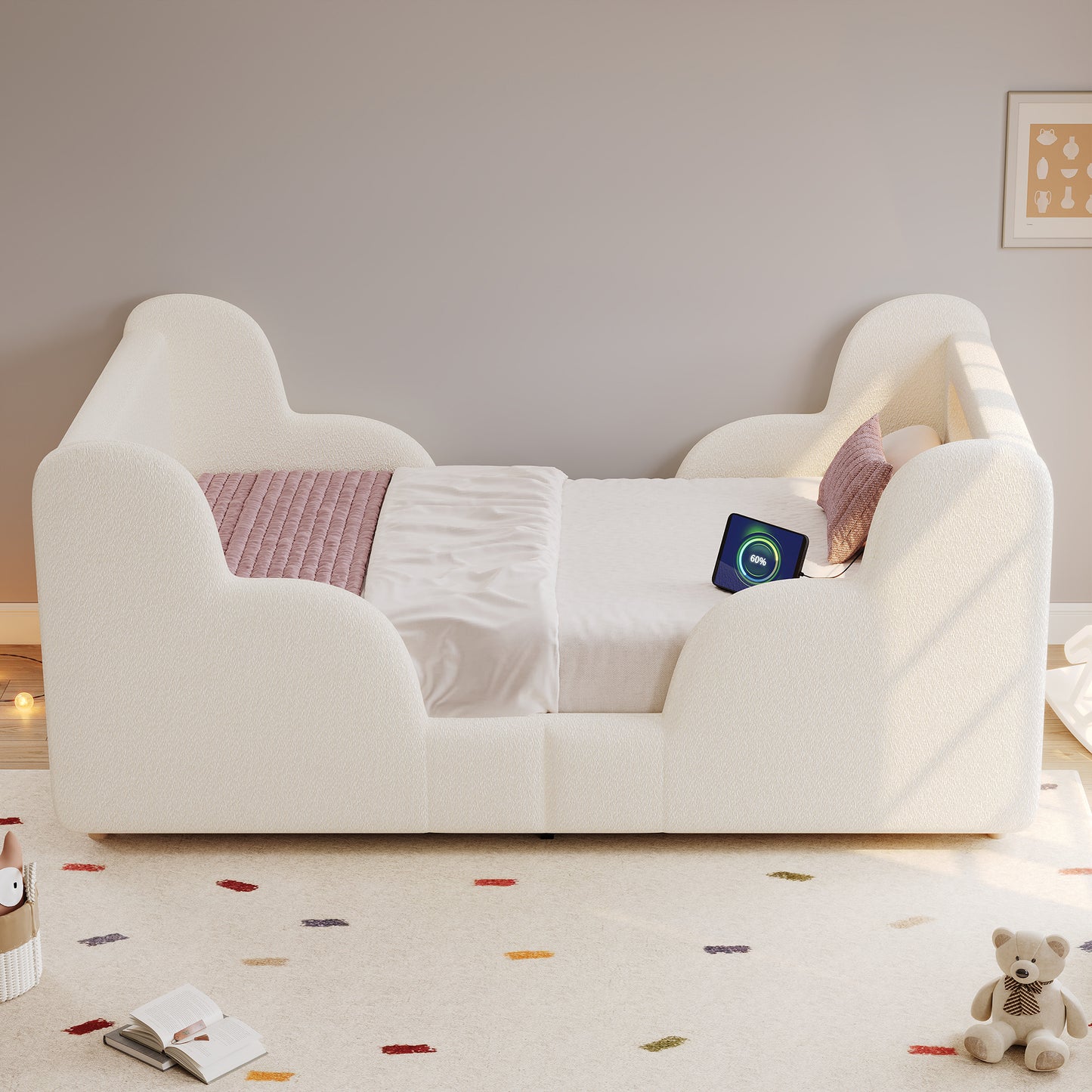 Children's Bed 90 X 200cm, Upholstered Bed, Single Bed, With Safety Railing, With Night Light And USB Charging Port And Storage Compartments, Bed Legs Made Of Solid Wood, Beige Boucle
