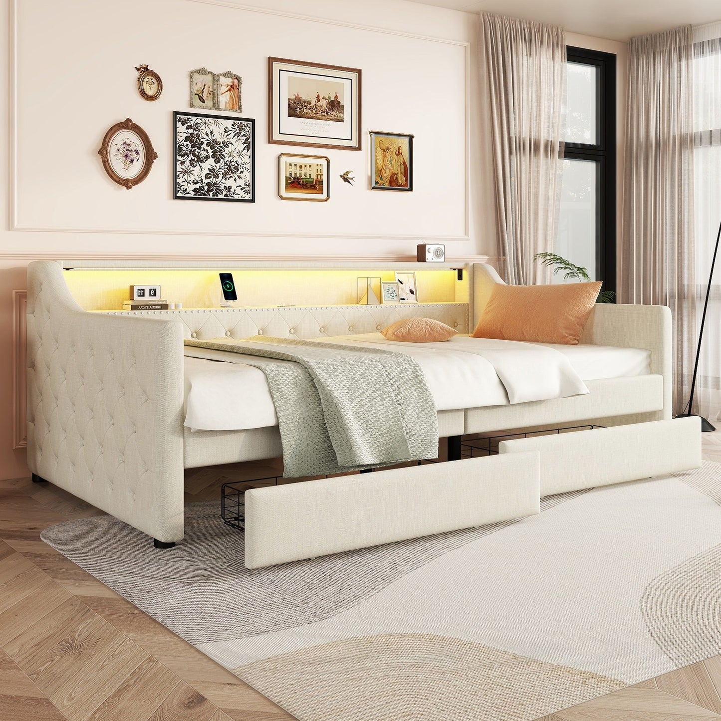 Daybed, 90 X 200cm, Sofa Bed, Daybed With Slatted Base  Without Mattress , Ambient Light With Remote Control, Bed With Two Drawers, USB Charging Socket, Linen, Beige