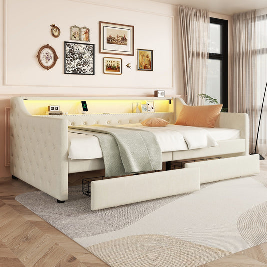 Daybed, 90 X 200cm, Sofa Bed, Daybed With Slatted Base  Without Mattress , Ambient Light With Remote Control, Bed With Two Drawers, USB Charging Socket, Linen, Beige