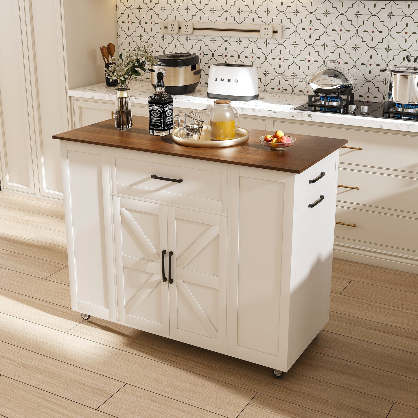 46 Kitchen Island On Wheels With Storage & Power Outlet - Movable Rustic Breakfast Bar Table  Wood Top With Adjustable Shelf & Drawer For Kitchen Dining Living Room  White