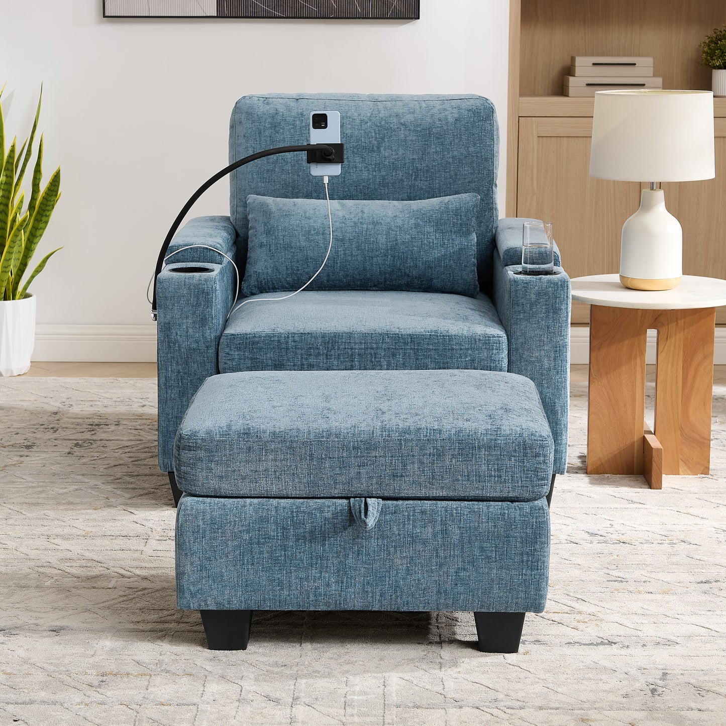 Single Sofa Recliner With Manually Adjustable Backrest, USB Charging Port On The Armrest Side, Phone Stand Included, Hidden Armrest Storage, And A Matching Storage Ottoman-Blue