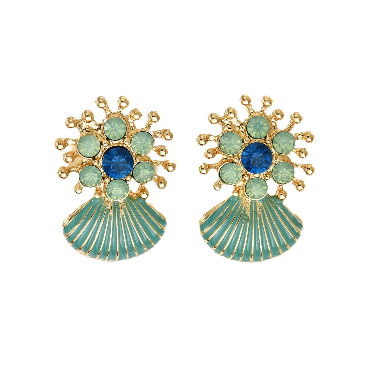 Cross-border Fashion European American Ocean Style Women Earrings, Geometric Shell Oil Drip Stud Earrings Inlaid Cubic Zirconia, Versatile Daily Ear Accessories