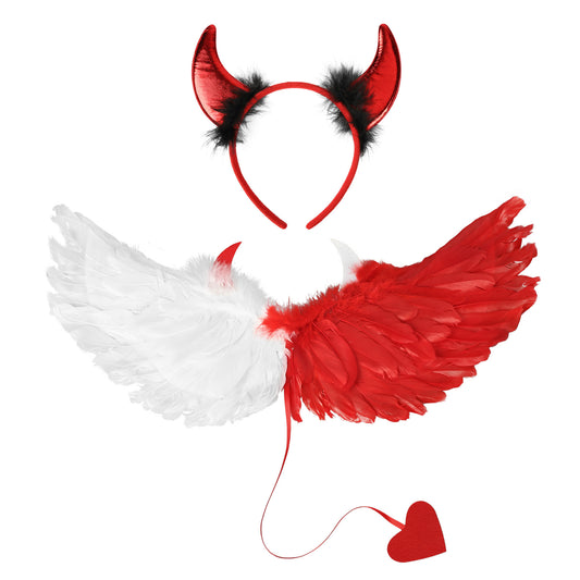 Red-and-White Feather-Wing Costume Set With Horn Headband | Theme Party Ensemble—Original Party Gifts For Adults