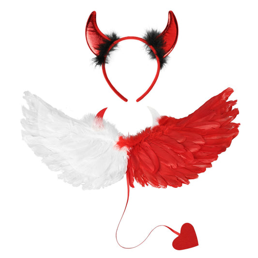 Red-and-White Feather-Wing Costume Set With Horn Headband | Theme Party Ensemble—Original Party Gifts For Adults