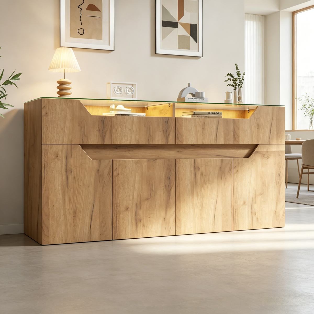 Sideboard With Tempered Glass Top, 140x40x70cm Wood Look Chest Of Drawers With 2 Drawers, MDF Storage Cabinet For Dining Room & Living Room, 30kg Load Capacity