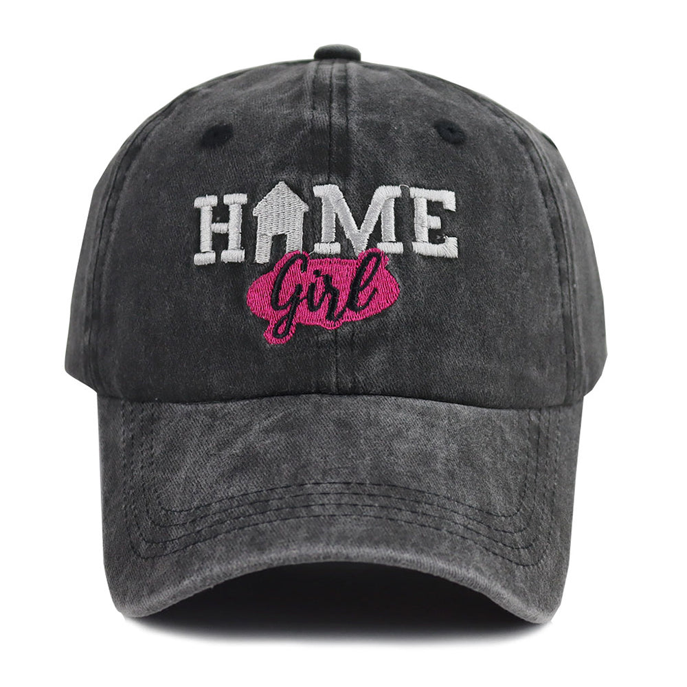 Vintage Washed Black Baseball Cap For Women, HOME Girl Embroidered Distressed Hat, Adjustable Soft Cotton Casual Trucker Hat