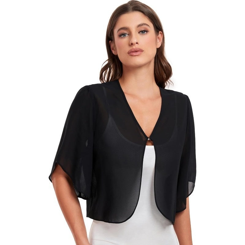 New Womens Chiffon Top Solid Color Short Sleeves Open-front Lightweight